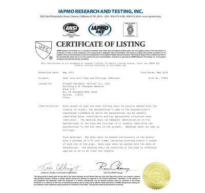 Chứng chỉ ống và phụ kiện ống gang No hub - hubless